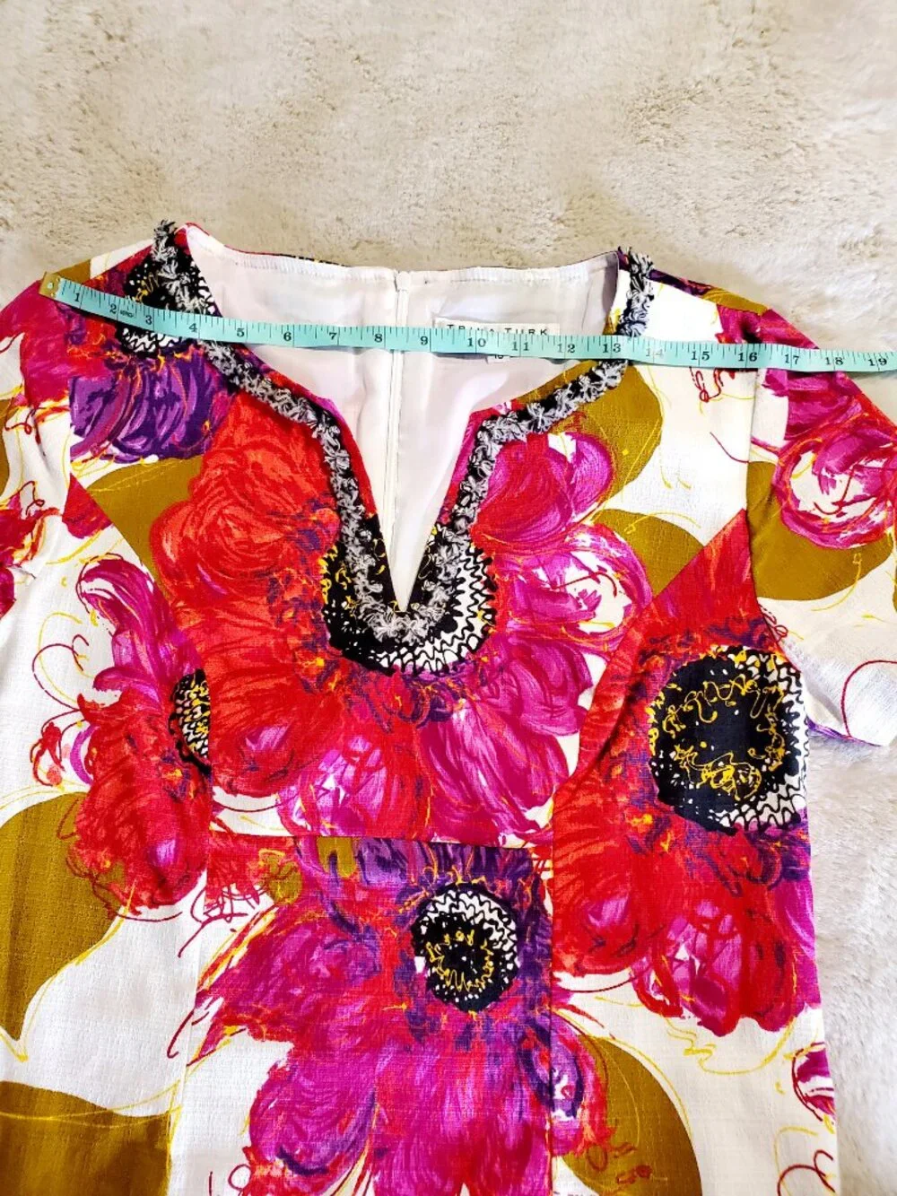 Trina Turk Floral Shift Dress Sz 10 Pink Cotton Fringe Resort Chic Hamptons - Picture 9 of 13